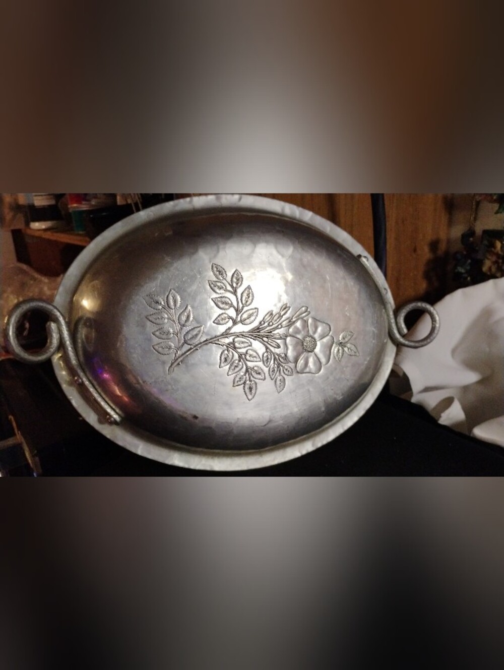 Vintage Mid Century Hammered Aluminum Oval Tray Wild Rose Floral Handles